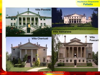 www.profesorfrancisco.es
Villa Barbaro
Centro de explotación agrícola, en estos casos,
Palladio diseña un cuerpo central de viviendas y
dos alas para incluir almacenes, establos,
bodegas y graneros, creando una extensa
fachada que abraza el jardín con pórticos de
arcos reiterados, tímpanos triangulares.
Arquitectura Cinquecento
Palladio
 