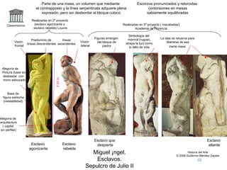 Claseshistoria Historia del Arte © 2006 Guillermo Méndez Zapata Miguel Ángel. Esclavos. Sepulcro de Julio II Escorzos pronunciados y retorcidas contorsiones en masas sabiamente equilibradas Parte de una masa, un volumen que mediante el contrapposto y la línea serpentinata adquiere plena expresión, pero sin desbordar el bloque cúbico Realizadas en 2º proyecto (esclavo agonizante y  esclavo rebelde) Louvre Realizadas en 5º proyecto ( inacabadas ) Academia de Florencia Alegoría de Pintura (base sin desbastar  con mono esbozado) Esclavo agonizante Esclavo rebelde Alegoría de arquitectura ( capitel sin perfilar) Visión frontal Visión lateral Predominio de líneas descendentes Base de figura estrecha (inestabilidad) líneas ascendentes Figuras emergen del bloque de piedra Simbología del mármol (rugoso, atrapa la luz) como lo falto de vida La idea se retuerce para liberarse de esa inerte masa   2`20 m. Esclavo que despierta Esclavo atlante 