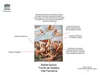 Claseshistoria Historia del Arte © 2006 Guillermo Méndez Zapata Rafael Sanzio. Triunfo de Galatea. Villa Farnesina Composición simétrica: eje central con figura principal, distribución equilibrada de figuras a ambos lados, arco inferior que forman personajes se equilibra con arco superior de querubines, cerrando la estructura Temática mitológica Estudios anatómicos Combinación de colores: nacarados de ninfas frente a oscuros de tritones y centauros, rojo y amarillo de mantos, etc. Espacio inundado de luz brillante y alegre Líneas de tensión de flechas dirigen atención hacia personaje principal 