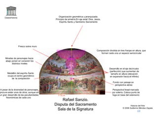 Claseshistoria Historia del Arte © 2006 Guillermo Méndez Zapata Rafael Sanzio. Disputa del Sacramento Sala de la Signatura Organización geométrica y jerarquizada. Principio de simetría En eje axial: Dios, Jesús,  Espíritu Santo y Santísimo Sacramento Composición dividida en tres franjas en altura, que forman cada una un espacio semicircular Perspectiva lineal marcada por solería. Coloca punto de fuga en base del ostensorio Desarrollo en el eje decírculos (perfección) que aumentan de tamaño en altura (elevación en expansión hacia el infinito) Miradas de personajes hacia abajo ponen en conexión los distintos niveles Medallón del espíritu Santo ocupa el centro geométrico de  la composición A pesar de la diversidad de personajes, procura aislar unos de otros, aunque sin un gran desarrollo de las peculiaridades fisionómicas de cada uno Fondo con paisaje en perspectiva aérea 7`70 m Fresco sobre muro 