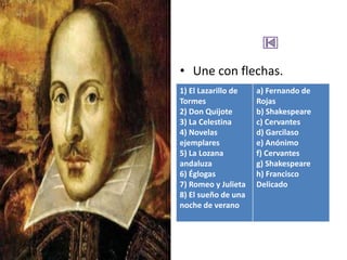 • Une con flechas.
1) El Lazarillo de   a) Fernando de
Tormes               Rojas
2) Don Quijote       b) Shakespeare
3) La Celestina      c) Cervantes
4) Novelas           d) Garcilaso
ejemplares           e) Anónimo
5) La Lozana         f) Cervantes
andaluza             g) Shakespeare
6) Églogas           h) Francisco
7) Romeo y Julieta   Delicado
8) El sueño de una
noche de verano
 