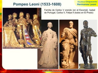 www.profesorfrancisco.es
Pompeo Leoni (1533-1608)
Familia de Carlos V orando (en el Escorial). Isabel
de Portugal, Carlos V, Felipe II (todos en El Prado)
Escultura Cinquecento
Hermanos Leoni
 