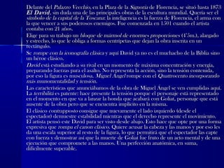 Delante delDelante del Palazzo Vecchio,Palazzo Vecchio, en la Plaza de laen la Plaza de la SignoriaSignoria de Florencia, se situó hasta 1873de Florencia, se situó hasta 1873
El DavidEl David, sin duda una de las principales obras de la escultura mundial. Quería ser el, sin duda una de las principales obras de la escultura mundial. Quería ser el
símbolo de la capital de la Toscanasímbolo de la capital de la Toscana: la inteligencia es la fuerza de Florencia, el arma con: la inteligencia es la fuerza de Florencia, el arma con
la que vencer a sus poderosos enemigos. Fue comenzada en 1501 cuando el artistala que vencer a sus poderosos enemigos. Fue comenzada en 1501 cuando el artista
contaba con 21 años.contaba con 21 años.
Elige para su trabajo unElige para su trabajo un bloque de mármol de enormes proporcionesbloque de mármol de enormes proporciones (4’5m.), alargado(4’5m.), alargado
y estrecho, lo que le obliga a formas centrípetas que dejan la obra inscrita en uny estrecho, lo que le obliga a formas centrípetas que dejan la obra inscrita en un
rectángulo.rectángulo.
SeSe rompe con la iconografía clásicarompe con la iconografía clásica y aquí David ya no es el muchacho de la Biblia sinoy aquí David ya no es el muchacho de la Biblia sino
un héroe clásico.un héroe clásico.
DavidDavid está estudiando a su rival en un momento de máxima concentración y energía,está estudiando a su rival en un momento de máxima concentración y energía,
preparando fuerzas para el asalto. No representa la acción, sino la tensión contenida,preparando fuerzas para el asalto. No representa la acción, sino la tensión contenida,
por eso la figura es musculosa.por eso la figura es musculosa. Miguel ÁngelMiguel Ángel rompe con elrompe con el Quattrocento incorporandoQuattrocento incorporando
más munomentalidad y tensión.más munomentalidad y tensión.
Las características que anunciábamos de la obra de Miguel Ángel se ven cumplidas aquí.Las características que anunciábamos de la obra de Miguel Ángel se ven cumplidas aquí.
LaLa terribilitáterribilitá es patente: hace presente la tensión porque el personaje está representadoes patente: hace presente la tensión porque el personaje está representado
en el momento en que va a lanzar la honda que acabará con Goliat, personaje que estáen el momento en que va a lanzar la honda que acabará con Goliat, personaje que está
ausente de la obra pero que se encuentra implícito en la misma.ausente de la obra pero que se encuentra implícito en la misma.
El clásicoEl clásico contrappostocontrapposto consigue que nuevamente el lado izquierdo (desde elconsigue que nuevamente el lado izquierdo (desde el
espectador) demuestre estabilidad mientras que el derecho represente el movimiento.espectador) demuestre estabilidad mientras que el derecho represente el movimiento.
El artista pensó este David para ser visto desde abajo. Esto hace que opte por una formaEl artista pensó este David para ser visto desde abajo. Esto hace que opte por una forma
expresiva queexpresiva que rompa el canon clásicorompa el canon clásico. Quiere acusar la cabeza y las manos y por eso les. Quiere acusar la cabeza y las manos y por eso les
da una escala superior al resto de la figura, lo que permitirá que el espectador las capteda una escala superior al resto de la figura, lo que permitirá que el espectador las capte
con fuerza y demostrar así que la muerte de Goliat fue fruto de un acto mental y de unacon fuerza y demostrar así que la muerte de Goliat fue fruto de un acto mental y de una
ejecución que compromete a las manos. Una perfección anatómica, en suma,ejecución que compromete a las manos. Una perfección anatómica, en suma,
difícilmente superable.difícilmente superable.
 