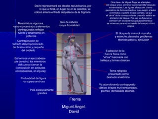 Frente
Miguel Ángel.
David
Exaltación de la
fuerza física como
“virtus” fusionada con
belleza y formas clásicas
Contraposición de
tamaño desproporcionado
del brazo caído y pequeño
del doblado
Profundidad de figura
no supera anchura
David representará los ideales republicanos, por
lo que al final, en lugar de en la catedral, se
colocó ante la entrada del palacio de la Signoria
En torno a un eje (cabeza-
pie derecho) los miembros
del cuerpo cierran la
composición en actitudes
contrapuestas, en zig-zag
Musculatura vigorosa,
rostro concentrado y elementos
contrapuestos reflejan
fuerza y dinamismo en
potencia
El bloque de mármol muy alto
y estrecho planteaba problemas
técnicos para su ejecución
Otra clave de Miguel Ángel es el empleo
del bloque único, sin tener que ensamblar después
extremidades. Las figuras afloran del prisma
geométrico de forma extractiva, pues según el autor
se limitaba a quitarle lo que sobraba, ya que
el “alma” de la correspondiente creación estaba en
el interior del bloque. Por eso las figuras se
contraen (en el David más pausadamente) o
se retuercen para no sobresalir del cuerpo cúbico
original
4`35m.
Pies excesivamente
grandes
Va abandonando contrapposto
clásico: brazos muy tensionados,
piernas demasiado abiertas.
Giro de cabeza
rompe frontalidad
Tema religioso
presentado como
desnudo anatómico
 
