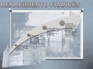 La segunda la
                                                                          influencia clásica es
                                                                          más directa aunque
                                                  La primera fase son     generalmente se
                                                  los elementos           mezcla con formas y
                                                  estructurales son los   estructuras
                                                  góticos y la            nacionales, producto
                                                  ornamentación es        de la evolución del
                                                  renacentista.           arte a través del
                        El Renacimiento llegó a                           tiempo en el propio
                        finales del siglo XV,                             país
                        cuando Carlos
                        VIII regresó en1496 con
                        algunos artistas
                        italianos tras la
                        conquista de Nápoles.
Francia fue el primer
país en acoger con
entusiasmo el estilo
renacentista.
 