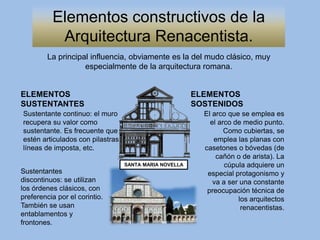 Elementos constructivos de la
Arquitectura Renacentista.
La principal influencia, obviamente es la del mudo clásico, muy
especialmente de la arquitectura romana.
ELEMENTOS
SUSTENTANTES
ELEMENTOS
SOSTENIDOS
Sustentante continuo: el muro
recupera su valor como
sustentante. Es frecuente que
estén articulados con pilastras,
líneas de imposta, etc.
Sustentantes
discontinuos: se utilizan
los órdenes clásicos, con
preferencia por el corintio.
También se usan
entablamentos y
frontones.
El arco que se emplea es
el arco de medio punto.
Como cubiertas, se
emplea las planas con
casetones o bóvedas (de
cañón o de arista). La
cúpula adquiere un
especial protagonismo y
va a ser una constante
preocupación técnica de
los arquitectos
renacentistas.
SANTA MARIA NOVELLA
 