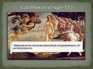 España, primera potencia europea, se ve abatidageneralización del
 Influencias de las relaciones diplomáticas y la por guerras y
  Siglo de múltiples transformaciones políticas, sociales y culturales
endeudamiento.
uso de la imprenta.
 