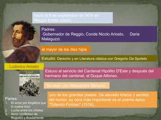 nació el 8 de septiembre de 1474 en
                    Reggio Emilia (Italia).

                         Padres:
                         Gobernador de Reggio, Conde Nicclo Ariosto,          Daria
                         Malaguzzi.

                          el mayor de los diez hijos

                         Estudió: Derecho y en Literatura clásica con Gregorio Da Spoleto

     Ludovico Ariosto
                            Estuvo al servicio del Cardenal Hipólito D'Este y después del
                            hermano del cardenal, el Duque Alfonso,

                                Se casó con Alessandra Benucci.

                                 uno de los grandes poetas. De elevado lirismo y sentido
Partes:                          del humor, su obra más importante es el poema épico
1.   El amor por Angélica que
     lo vuelve loco
                                 "Orlando Furioso" (1516),
2.   Lucha entre los infieles
3.   Amor conflictivo de
     Ruguero y Bradamente
 