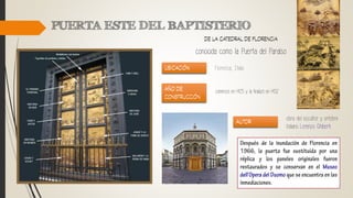conocida como la Puerta del Paraíso
Florencia, Italia
comenzó en 1425 y la finalizó en 1452
obra del escultor y orfebre
italiano Lorenzo Ghiberti
 