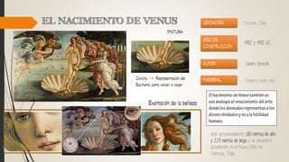 Tuscania, Italia
1482 y 1485 d.C.
Sandro Boticelli
Tempera sobre tela
mide aproximadamente 1,80 metros de alto
y 2,75 metros de largo y se encuentra
actualmente en el Museo Uffizi en
Florencia, Italia.
 