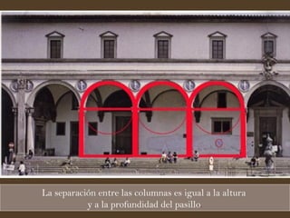 La separación entre las columnas es igual a la altura  y a la profundidad del pasillo . 