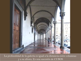 La profundidad de la galería es igual a la distancia entre columnas  y a su altura. Es una sucesión de CUBOS 