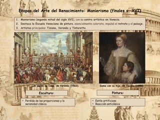 1. Manierismo (segunda mitad del siglo XVI), con su centro artístico en Venecia.
2. Destaca la Escuela Veneciana de pintura, esencialmente colorista, impulsó el retrato y el paisaje.
3. Artistas principales: Tiziano, Veronés y Tintoretto.
Las bodas de Caná, de Veronés (1563). Dama con su hija, de Tiziano (1550).
Etapas del Arte del Renacimiento: Manierismo (finales s. XVI)
Pintura:
• Estilo artificioso
• Reacción anticlásica
Escultura:
• Perdida de las proporciones y la
serenidad clásica
 