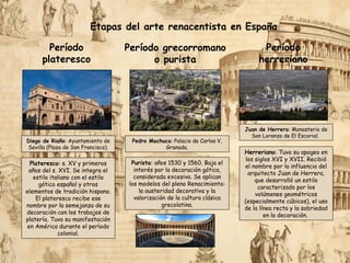 Etapas del arte renacentista en España
Período
plateresco
Período grecorromano
o purista
Período
herreriano
Diego de Riaño: Ayuntamiento de
Sevilla (Plaza de San Francisco).
Pedro Machuca: Palacio de Carlos V,
Granada.
Juan de Herrera: Monasterio de
San Lorenzo de El Escorial.
Plateresco: s. XV y primeros
años del s. XVI. Se integra el
estilo italiano con el estilo
gótico español y otros
elementos de tradición hispana.
El plateresco recibe ese
nombre por la semejanza de su
decoración con los trabajos de
platería. Tuvo su manifestación
en América durante el período
colonial.
Purista: años 1530 y 1560. Baja el
interés por la decoración gótica,
considerada excesiva. Se aplican
los modelos del pleno Renacimiento:
la austeridad decorativa y la
valorización de la cultura clásica
grecolatina.
Herreriano: Tuvo su apogeo en
los siglos XVI y XVII. Recibió
el nombre por la influencia del
arquitecto Juan de Herrera,
que desarrolló un estilo
caracterizado por los
volúmenes geométricos
(especialmente cúbicos), el uso
de la línea recta y la sobriedad
en la decoración.
 