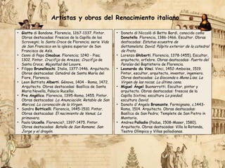 Artistas y obras del Renacimiento italiano
• Giotto di Bondone. Florencia, 1267-1337. Pintor.
Obras destacadas: Frescos de la Capilla de los
Scrovegni; la Santa Croce de Florencia; serie Vida
de San Francisco en la iglesia superior de San
Francisco de Asís.
• Cenni di Pepo Cimabue. Florencia; 1240 - Pisa;
1302. Pintor. Crucifijo de Arezzo; Crucifijo de
Santa Croce; Majestad del Louvre.
• Filippo Brunelleschi. Italia, 1377-1446. Arquitecto.
Obras destacadas: Catedral de Santa María del
Fiore, Florencia.
• Leon Battista Alberti. Génova, 1404 - Roma, 1472.
Arquitecto. Obras destacadas: Basílica de Santa
Maria Novella, Palacio Rucellai.
• Fra Angélico. Florencia, 1395-Roma, 1455. Pintor.
Obras destacadas: La Anunciación; Retablo de San
Marcos; La coronación de la Virgen.
• Sandro Botticelli. Florencia, 1445-1510. Pintor.
Obras destacadas: El nacimiento de Venus; La
primavera.
• Paolo Uccello. Florencia?, 1397-1475. Pintor.
Obras destacadas: Batalla de San Romano; San
Jorge y el dragón.
• Donato di Niccolò di Betto Bardi, conocido como
Donatello. Florencia, 1386-1466. Escultor. Obras
destacadas: Estatua ecuestre de
Gattamelata; David; Púlpito exterior de la catedral
de Prato.
• Lorenzo Ghiberti. Florencia, 1378-1455). Escultor,
arquitecto, orfebre. Obras destacadas: Puerta del
Paraíso del Baptisterio de Florencia.
• Leonardo da Vinci. Vinci, 1452-Amboise, 1519.
Pintor, escultor, arquitecto, inventor, ingeniero.
Obras destacadas: La Gioconda o Mona Lisa; La
Virgen de las rocas; La última cena.
• Miguel Ángel Buonarrotti. Escultor, pintor y
arquitecto. Obras destacadas: frescos de la
Capilla Sixtina; escultura La piedad;
escultura David.
• Donato d'Angelo Bramante. Fermignano, c.1443-
Roma, 1514. Arquitecto. Obras destacadas:
Basílica de San Pedro; Templete de San Pietro in
Montorio.
• Andrea Palladio (Padua, 1508-Maser, 1580).
Arquitecto. Obras destacadas: Villa la Rotonda,
Teatro Olímpico y Villas palladianas.
 