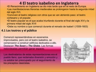 4 El teatro isabelino en Inglaterra El Renacimiento en Inglaterra se dio más tarde que en el resto de Europa. Las manifestaciones literarias medievales se prolongaron hasta la segunda mitad del siglo XVI. Conviven el teatro religioso con otros que se van abriendo paso: el teatro cortesano y el popular. El teatro popular es el que acaba triunfando durante el final del siglo XVI y la primera mitad del siglo XVII Debe su nombre a que comenzó durante el reinado de Isabel I (1559-1603) 4.1 Los teatros y el público Comenzó representándose en escenarios improvisados, pero con el teatro isabelino, se comenzaron a construir edificios dedicados a ello. Destacan  The Swan  y  The Globe . Las formas redondeadas permitían ganar espacio. Los destinatarios de estas representaciones era el pueblo llano, que reclamaba diversión y emoción y no estaba tan preocupado por el seguimiento de los preceptos clasicistas. 