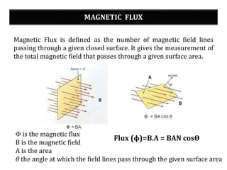 MAGNETIC FLUX
Magnetic Flux is defined as the number of magnetic field lines
passing through a given closed surface. It gives the measurement of
the total magnetic field that passes through a given surface area.
Flux (ϕ)=B.A = BAN cosϴ
Φ is the magnetic flux
B is the magnetic field
A is the area
θ the angle at which the field lines pass through the given surface area
 