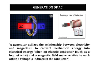 GENERATION OF AC
“A generator utilizes the relationship between electricity
and magnetism to convert mechanical energy into
electrical energy. When an electric conductor (such as a
loop of wire) and a magnetic field move relative to each
other, a voltage is induced in the conductor.”
 