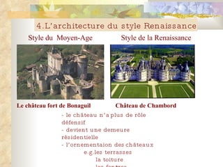 Style   du  Moyen-Age Style de la Renaissance 4.L’architecture du style Renaissance Château d e Chambord Le château fort   de B onaguil -  le château n ’a  plus de rôle défensif   -  devient une demeure résidentielle  - l’ornementaion des  châteaux e.g.les terrasses   la toiture   les  fenêtres   l’escalier   
