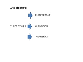ARCHITECTURE
THREE STYLES
PLATERESQUE
CLASSICISM
HERRERIAN
 