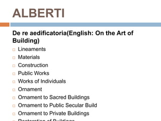 ALBERTI
De re aedificatoria(English: On the Art of
Building)
   Lineaments
   Materials
   Construction
   Public Works
   Works of Individuals
   Ornament
   Ornament to Sacred Buildings
   Ornament to Public Secular Build
   Ornament to Private Buildings
 