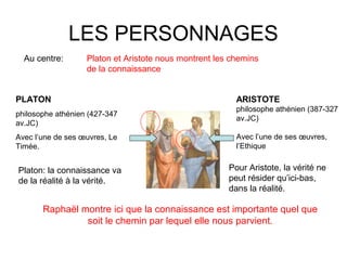 LES PERSONNAGES
Au centre:
PLATON
philosophe athénien (427-347
av.JC)
Avec l’une de ses œuvres, Le
Timée.
ARISTOTE
philosophe athénien (387-327
av.JC)
Avec l’une de ses œuvres,
l’Ethique
Platon et Aristote nous montrent les chemins
de la connaissance
Platon: la connaissance va
de la réalité à la vérité.
Pour Aristote, la vérité ne
peut résider qu’ici-bas,
dans la réalité.
Raphaël montre ici que la connaissance est importante quel que
soit le chemin par lequel elle nous parvient.
 
