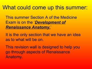 What could come up this summer: This summer Section A of the Medicine Exam is on the ‘ Development of Renaissance Anatomy. ’ It is the only section that we have an idea as to what will be on.  This revision wall is designed to help you go through aspects of Renaissance Anatomy. 