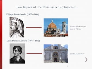 Two figures of the Renaissance architectureFilippo Brunelleschi (1377 – 1446)Basilica San Lorenzo's dome in Florence LeonBattistaAlberti (1404 – 1472)Tempio Malatestiano5