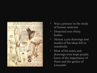 • Was a pioneer in the study
of human anatomy
• Dissected over thirty
bodies
• Almost 2,500 drawings and
studies of his ideas left in
notebooks
• Most of his notes and
drawings were kept-people
knew of the importance of
them and the genius of
Leonardo

 
