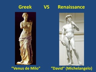 Greek VS Renaissance
“Venus de Milo” “David” (Michelangelo)
 
