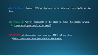 Be On Time:
Be Prepared:
RESPECT
 
