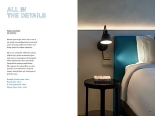 24
Elevate your escape with a stay in one of
our newly renovated premium rooms and
suites featuring additional facilities and
living spaces for endless relaxation.
Clever use of Gaudí’s celebrated artistry,
and the city’s iconic architecture gives
each room a contemporary, fresh appeal
where patterns have been inventively
integrated in carpeting and fittings.
Throughout, the color palette provides
dramatic contrast between nuanced
taupes, intense blues and brash pops of
primary tones.
Example Prestige room: 32m2
Family Suite: 53m2
R-Load Apartment: 53m2
Mosaic Junior Suite: 40m2
ROOMS DESIGNED
TO INTRIGUE
ALL IN
THE DETAILS
 