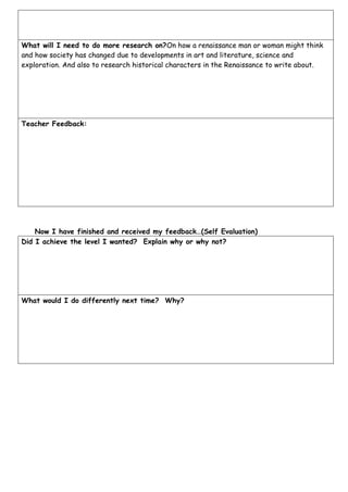 What will I need to do more research on?On how a renaissance man or woman might think
and how society has changed due to developments in art and literature, science and
exploration. And also to research historical characters in the Renaissance to write about.




Teacher Feedback:




    Now I have finished and received my feedback…(Self Evaluation)
Did I achieve the level I wanted? Explain why or why not?




What would I do differently next time? Why?
 