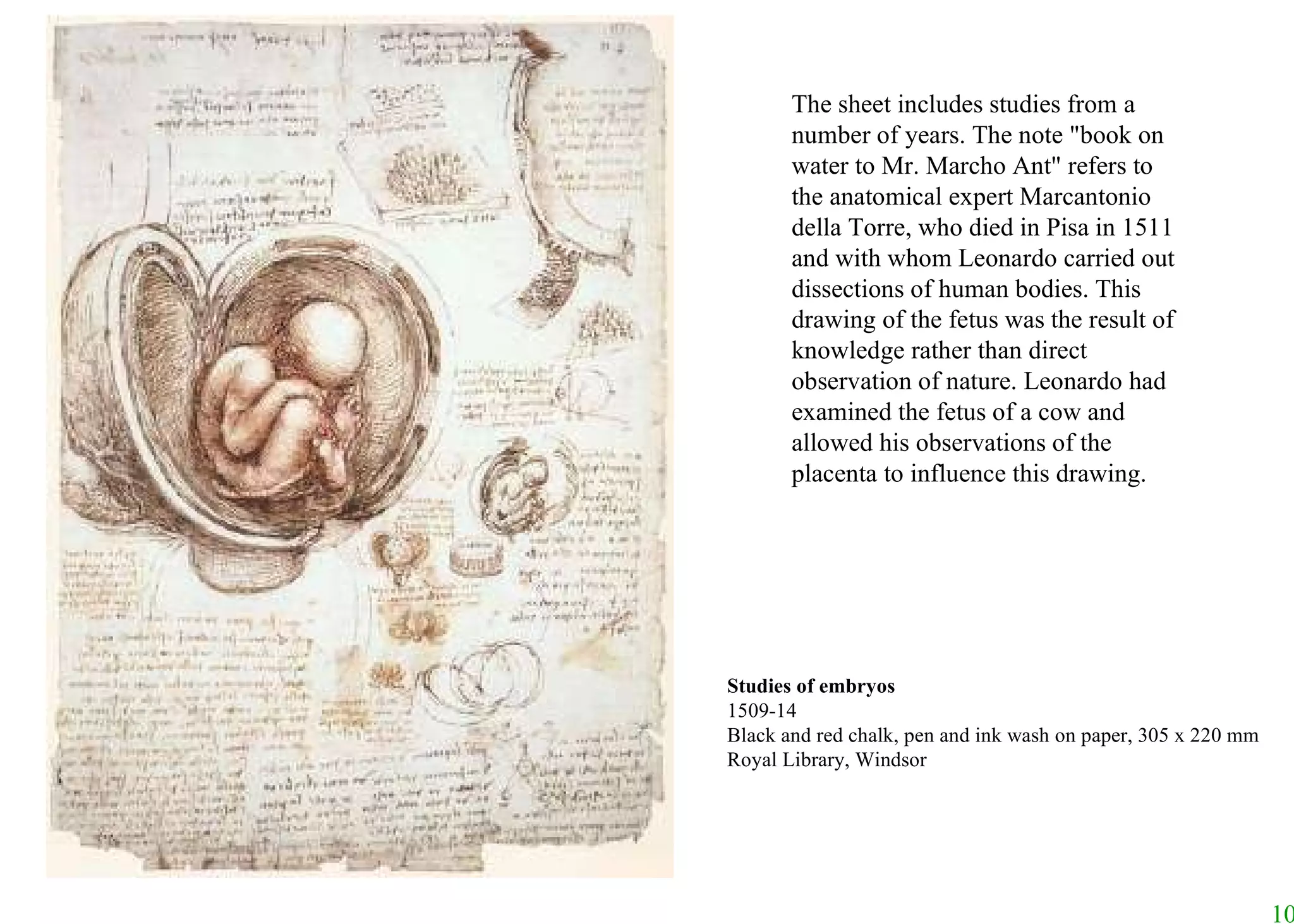 The sheet includes studies from a number of years. The note "book on water to Mr. Marcho Ant" refers to the anatomical expert Marcantonio della Torre, who died in Pisa in 1511 and with whom Leonardo carried out dissections of human bodies. This drawing of the fetus was the result of knowledge rather than direct observation of nature. Leonardo had examined the fetus of a cow and allowed his observations of the placenta to influence this drawing.                                                                            Studies of embryos 1509-14 Black and red chalk, pen and ink wash on paper, 305 x 220 mm Royal Library, Windsor 