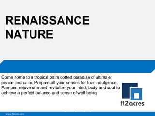 RENAISSANCE
NATURE

Come home to a tropical palm dotted paradise of ultimate
peace and calm. Prepare all your senses for true indulgence.
Pamper, rejuvenate and revitalize your mind, body and soul to
achieve a perfect balance and sense of well being

Cloud | Mobility| Analytics | RIMS
www.ft2acres.com

 
