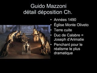 Guido Mazzoni détail déposition Ch.  Années 1490 Église Monte Oliveto Terre cuite Duc de Calabre = Joseph d’Arimatie Penchant pour le réalisme le plus dramatique 