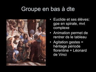 Groupe en bas à dte Euclide et ses élèves: gpe en spirale, mvt complexe Animation permet de rentrer ds le tableau Agitation gestes = héritage période florentine + Léonard de Vinci 