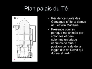 Plan palais du Té Résidence rurale des Gonzague s/ île, // domus ant. et villa Madame Présence cour ss portique ms animée par colonnes et demi colonnes en brique enduites de stuc + position centrale de la loggia dite de David qui donne s/ jardin 