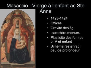 Masaccio : Vierge à l’enfant ac Ste Anne 1423-1424 Offices  Gravité des fig. caractère monum. Plasticité des formes pr V et enfant Schéma reste trad.: peu de profondeur 