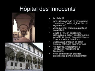 Hôpital des Innocents 1419-1427 Innovation esth ac ce programme  conventuel (cloître, église, bât. pr logements) vaste porche: caractère public et accueillant.  Voûté à l’int. en pendentifs triangulaires: crée 1 renflement de la voûte ss aucun compartiment -> Nvté. « a vela » très doux Succession arcades en plein cintre s/ colonnes corinthiennes Au-dessus, entablement à l’antique et médaillons ds écoinçons Nvté: combinaison arcades, pilastres qui portent entablement  