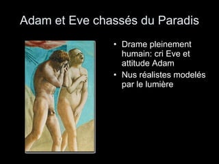 Adam et Eve chassés du Paradis Drame pleinement humain: cri Eve et attitude Adam Nus réalistes modelés par le lumière 