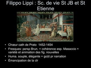 Filippo Lippi : Sc. de vie St JB et St Etienne Chœur cath de Prato  1452-1454 Fresques: persp Brun. + cohérence esp. Masaccio + variété et animation des fig. nouvelles Huma. souple, élégante + goût pr narration Émancipation de la clr 