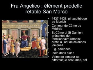 Fra Angelico : élément prédelle retable San Marco 1437-1438, pinacothèque de Munich Commande Côme de Médicis St Côme et St Damien présentés dvt fonctionnaire romain: archit à l’ant ac colonnes ioniques Fig. païennes Idole dans niche  Veine de conteur ac pittoresque costumes, sol 