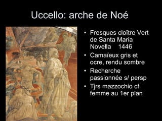 Uccello: arche de Noé  Fresques cloître Vert de Santa Maria Novella  1446 Camaïeux gris et ocre, rendu sombre Recherche passionnée s/ persp Tjrs mazzochio cf. femme au 1er plan 