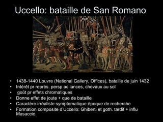 Uccello: bataille de San Romano 1438-1440 Louvre (National Gallery, Offices), bataille de juin 1432 Intérêt pr représ. persp ac lances, chevaux au sol  goût pr effets chromatiques Donne effet de joute + que de bataille Caractère irréaliste symptomatique époque de recherche Formation composite d’Uccello: Ghiberti et goth. tardif + influ Masaccio 