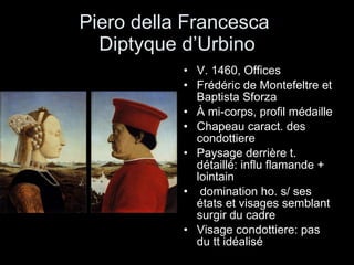Piero della Francesca  Diptyque d’Urbino V. 1460, Offices Frédéric de Montefeltre et Baptista Sforza À mi-corps, profil médaille Chapeau caract. des condottiere Paysage derrière t. détaillé: influ flamande +  lointain domination ho. s/ ses états et visages semblant surgir du cadre Visage condottiere: pas du tt idéalisé 