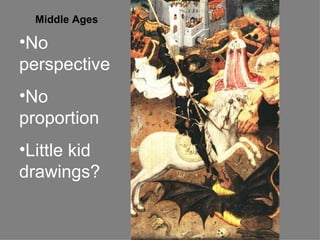 No perspective No proportion Little kid drawings? Middle Ages 
