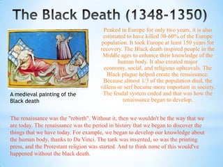 Peaked in Europe for only two years, it is also
                                       estimated to have killed 30-60% of the Europe
                                      population. It took Europe at least 150 years for
                                      recovery. The Black death inspired people in the
                                       Middle ages to enhance their knowledge of the
                                              human body. It also created major
                                       economy, social, and religious upheavals. The
                                         Black plague helped create the renaissance.
                                       Because almost 1/3 of the population died, the
                                      villens or serf became more important in society.
A medieval painting of the             The feudal system ended and that was how the
Black death                                     renaissance began to develop.


The renaissance was the "rebirth". Without it, then we wouldn't be the way that we
are today. The renaissance was the period in history that we began to discover the
things that we have today. For example, we began to develop our knowledge about
the human body, thanks to Da Vinci. The tank was invented, so was the printing
press, and the Protestant religion was started. And to think none of this would've
happened without the black death.
 