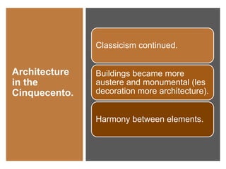 Architecture
in the
Cinquecento.
Classicism continued.
Buildings became more
austere and monumental (les
decoration more architecture).
Harmony between elements.
 