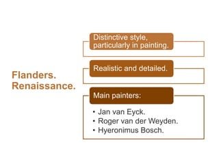 Flanders.
Renaissance.
Distinctive style,
particularly in painting.
Realistic and detailed.
• Jan van Eyck.
• Roger van der Weyden.
• Hyeronimus Bosch.
Main painters:
 